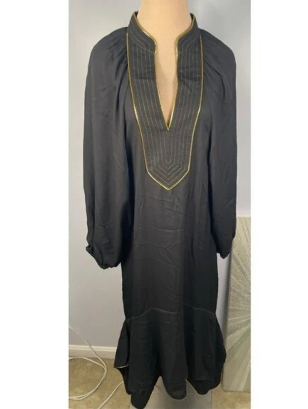 TORY BURCH EUC Black Puff Sleeve Asymmetrical Flounced Hem Tunic Midi Dress L